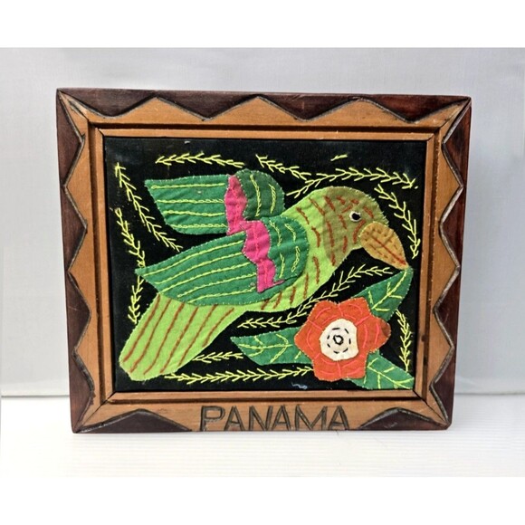 Framed Panama Applique Embroidered Art Panel Mola Hand Stitched Bird Flower 7.5" - Picture 1 of 10